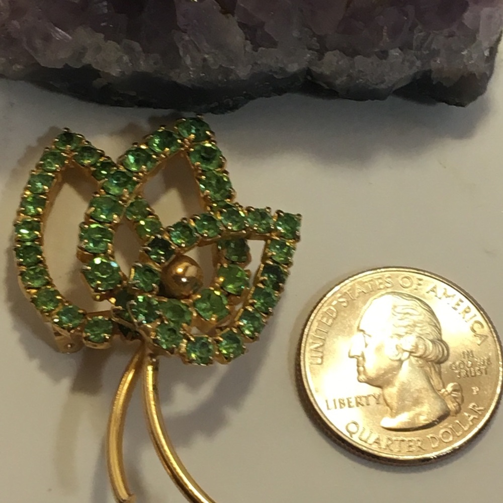 Vintage Green Flower Petal Rhinestone Brooch
